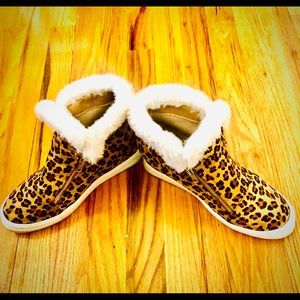 Faux suede leopard wedge booties